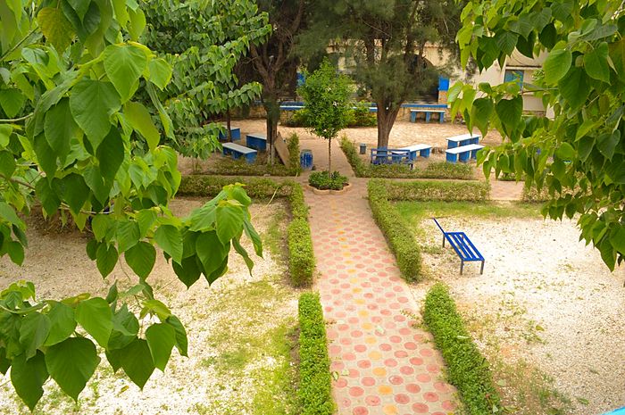 La cour ombragée par les grands arbres, devant le préau à arcades